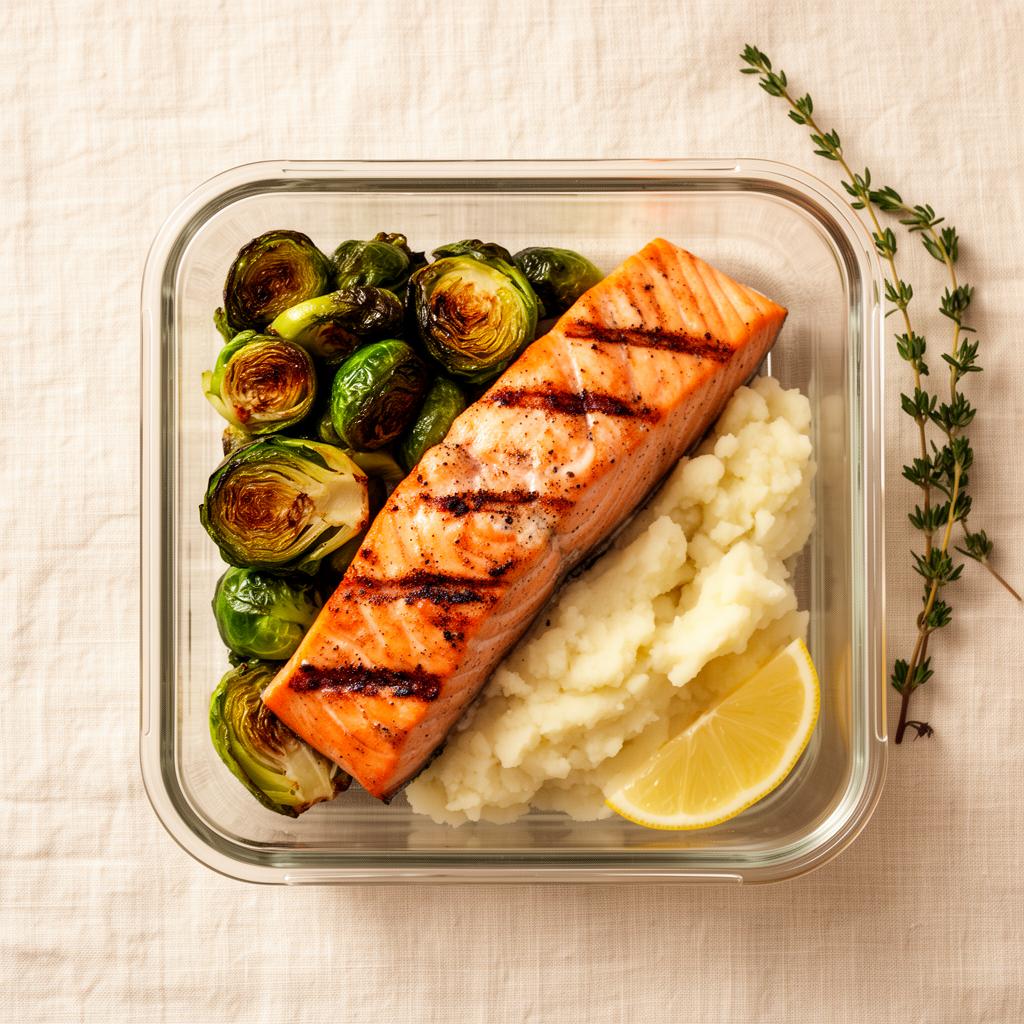 Diabetic-friendly gourmet meal prep: grilled salmon, brussels sprouts, cauliflower mash