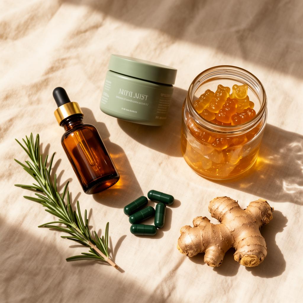Curated apothecary of CBD, supplements, gummies, and botanicals on cream linen